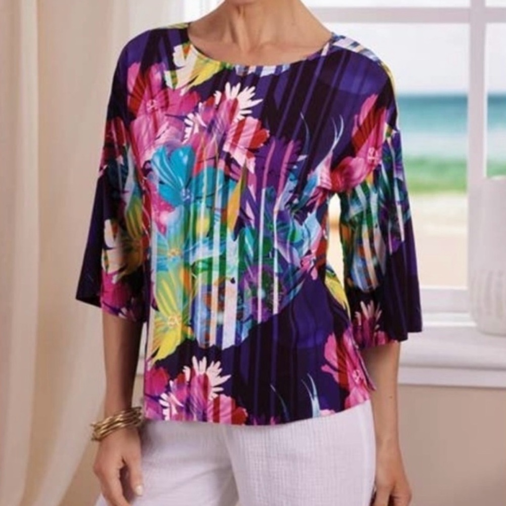 Soft Surroundings Mignon Top Size M Off-Shoulder Neck 3/4 Sleeve Violet Floral - Picture 3 of 15